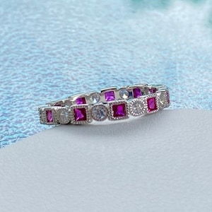 Eternity Band Ring. Band Ring. Art Deco Ruby Band. Ruby Ring. Sterling Silver Ring. Simulated Ruby Stackable Ring. Wedding Band. Jewelry.