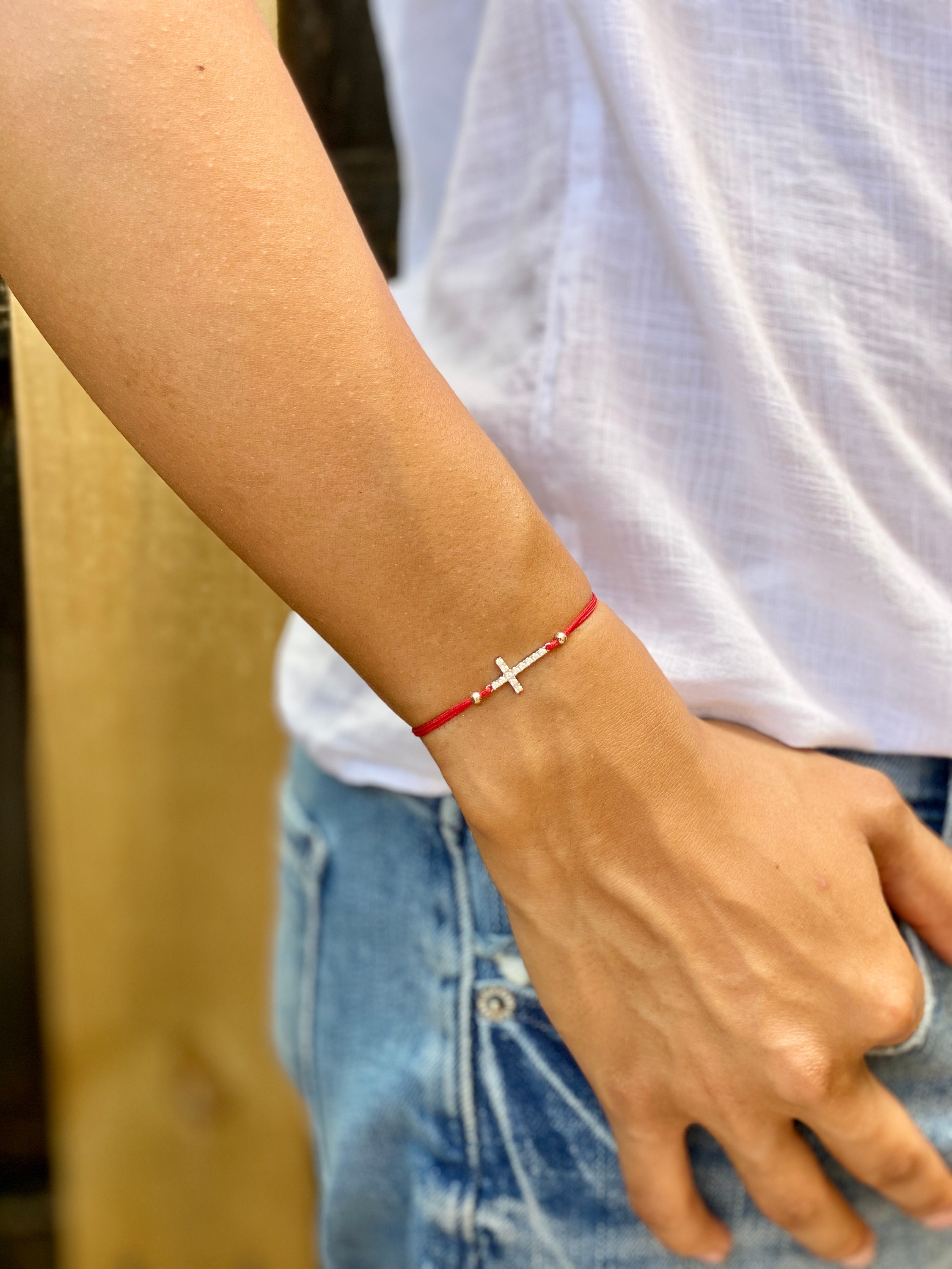 ブレスレット ROMANTINUER SN138 SIMPLE CROSS BRACELET Cz Cross Bracelet. Sterling Silver Cross Bracelet. Red