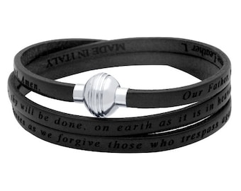Authentieke leren inspirerende zwarte wikkelarmband. Wikkelarmband voor gebed. Engelse armband. christelijk cadeau. Katholieke sieraden. Religieus cadeau