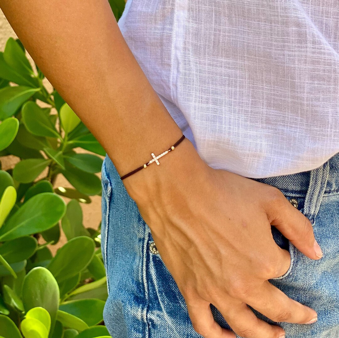 Rose Gold Cross Bracelet. Cz Cross Charm Bracelet. Adjustable Cord