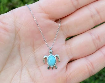 Schildpadketting. Natuurlijke larimar-schildpadketting. Sterling zilveren ketting. Sieraden. Ovale schildpad. Nautische schildpadsieraden. Cadeau voor haar.