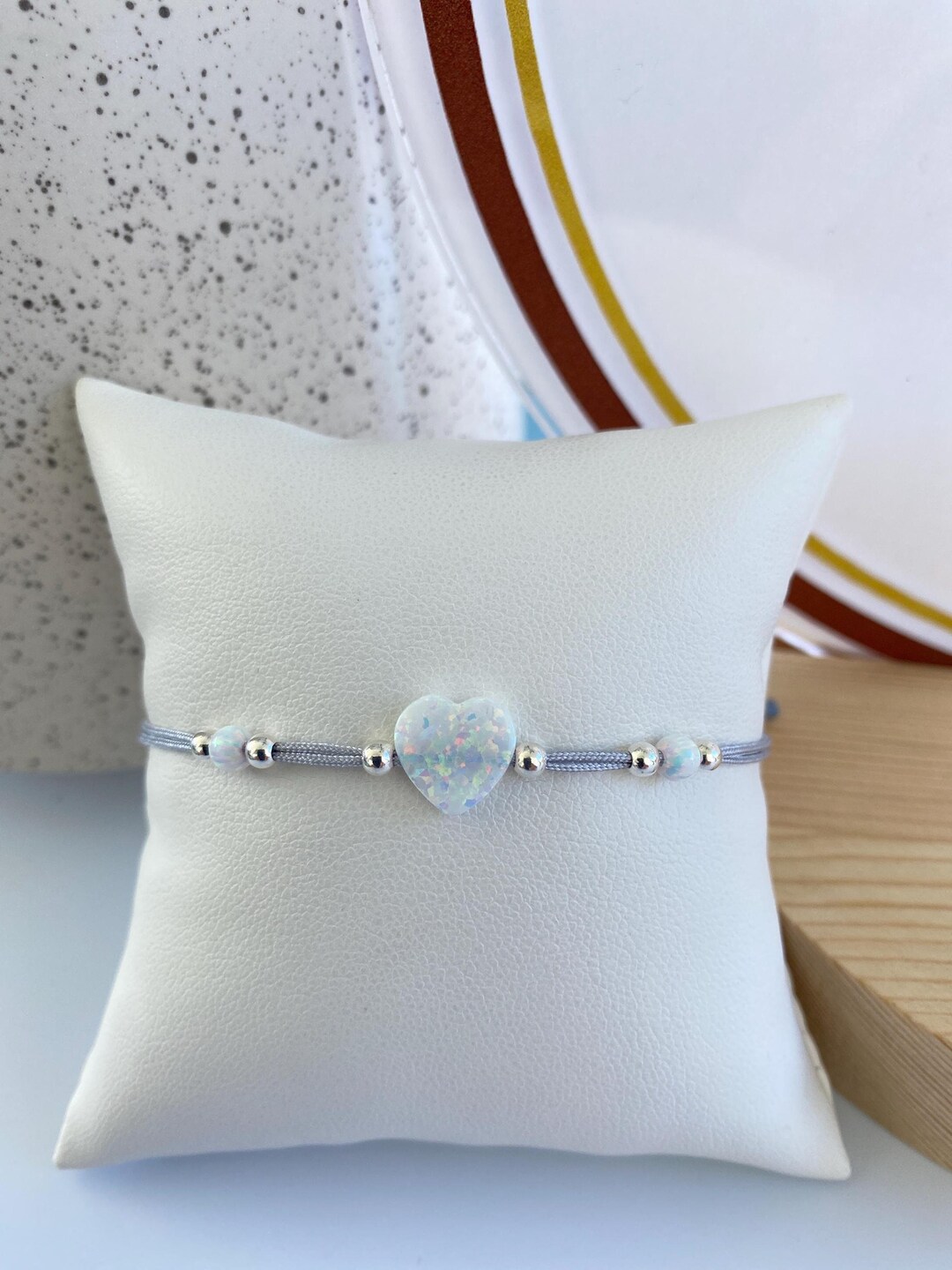 White Opal Heart Bracelet. Opal Heart With Opal Bead Bracelet. Small