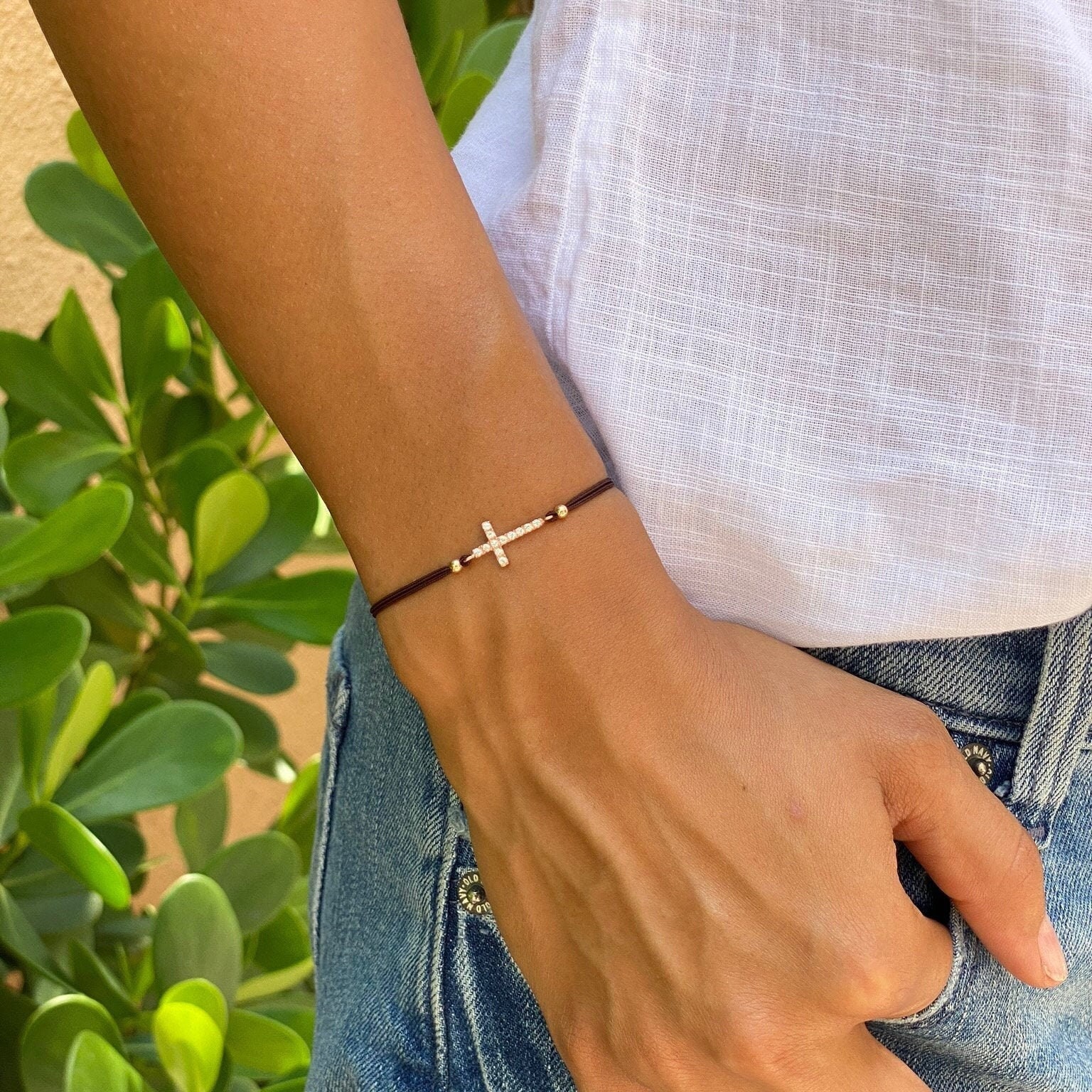 Gold Cross Bracelet. Cz Cross Bracelet. Adjustable String Bracelet