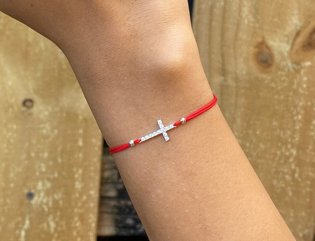 Cz Cross Bracelet. Sterling Silver Cross Bracelet. Red