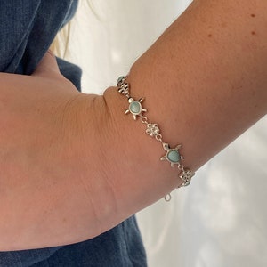Natural Larimar Sea Turtle Sterling Silver Bracelet. Solid Sterling Silver Plumeria Flowers. Natural Larimar. Sea Turtle. Good Luck. Jewelry