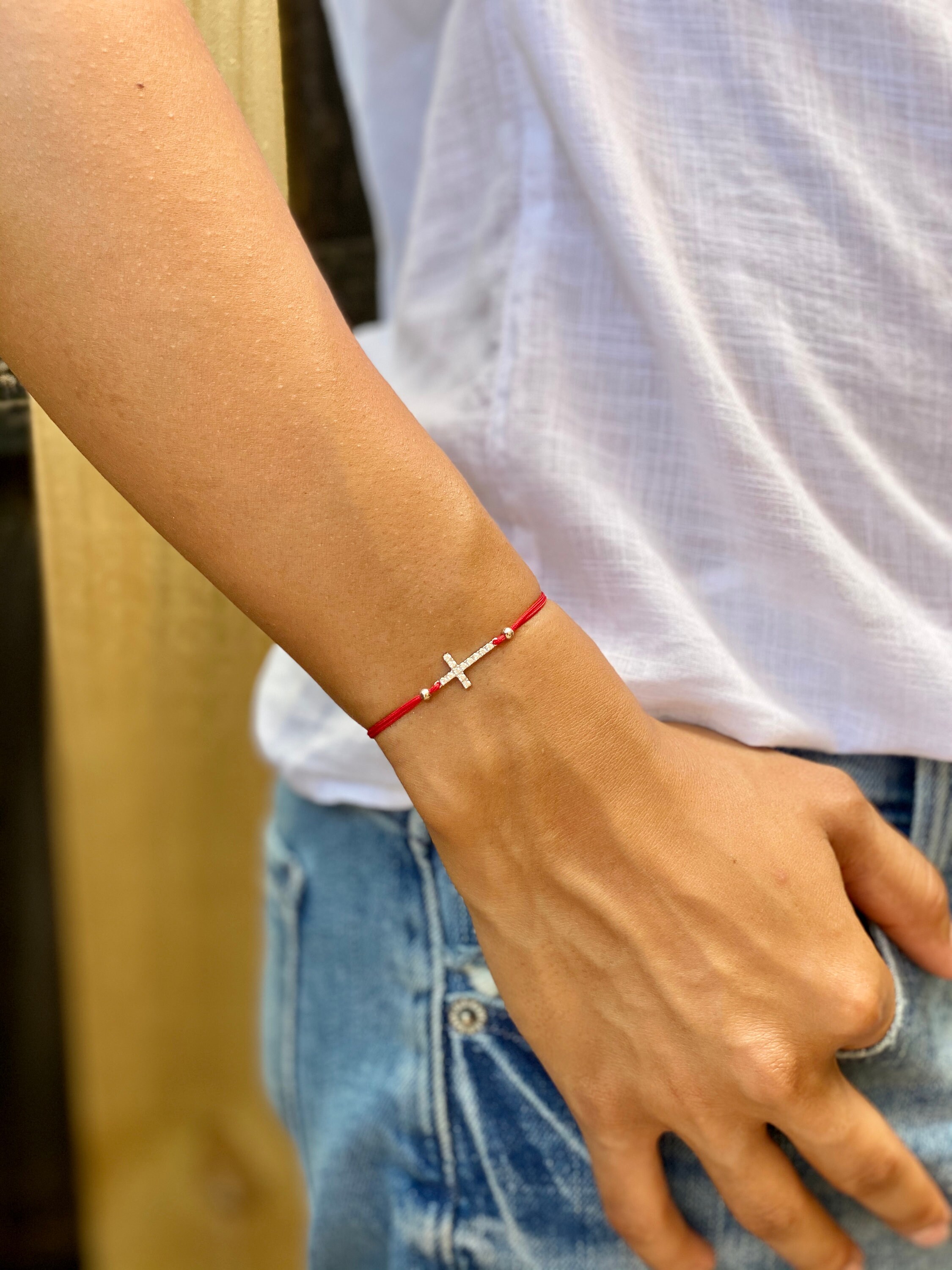 ブレスレット ROMANTINUER SN138 SIMPLE CROSS BRACELET Cz Cross Bracelet. Sterling Silver Cross Bracelet. Red