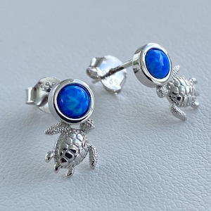 Turtle Earrings. Blue Opal Circle & Silver Turtle Earrings. Sterling Silver Earrings. Sealife Jewelry. Small Stud Earrings. Aloha Earrings.
