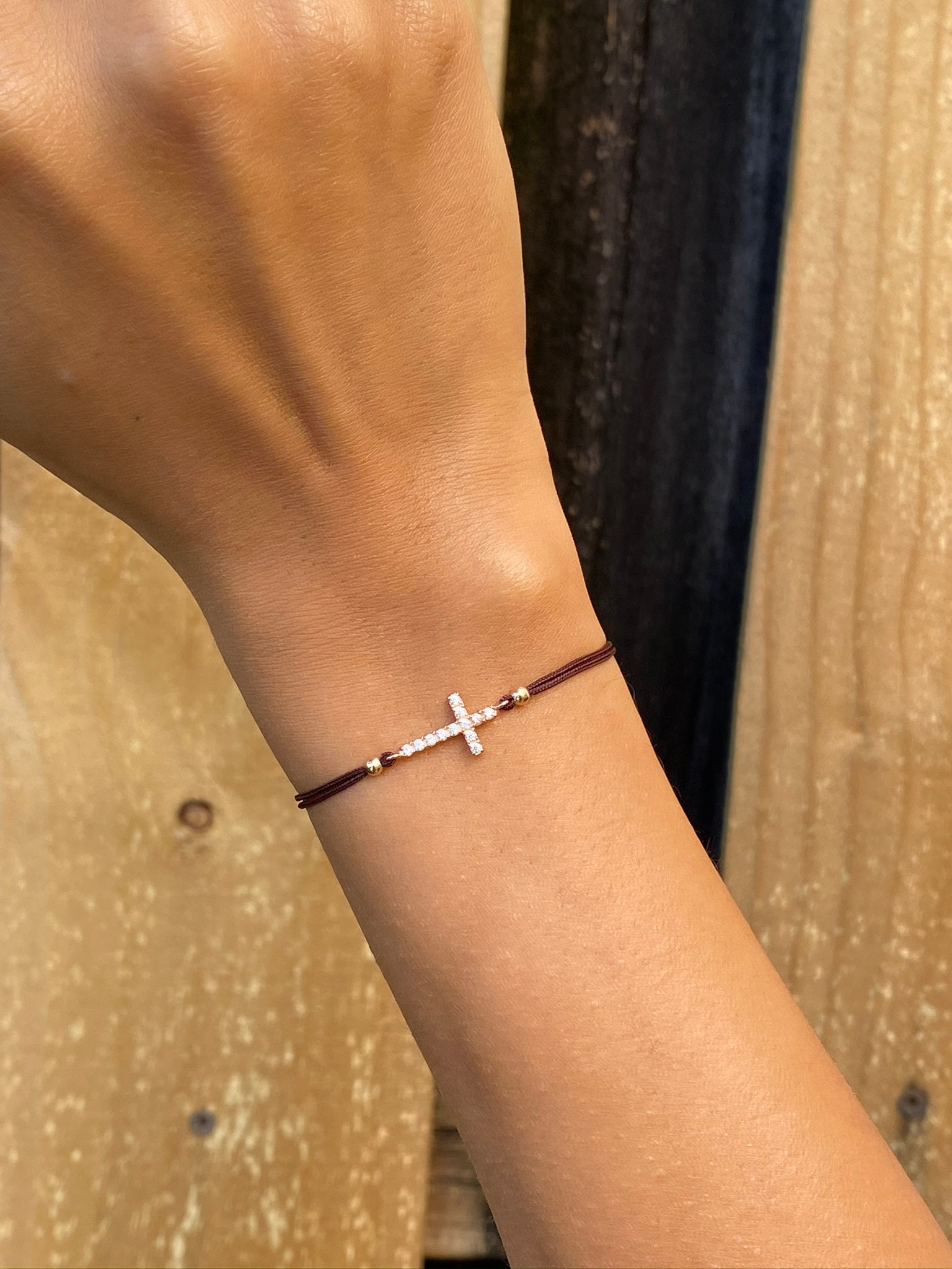 Bracciale Intrecciato In Argento Sterling 925 Con Croce E Zirconia | Rosa Oro E Bianco | Regolabile - 3