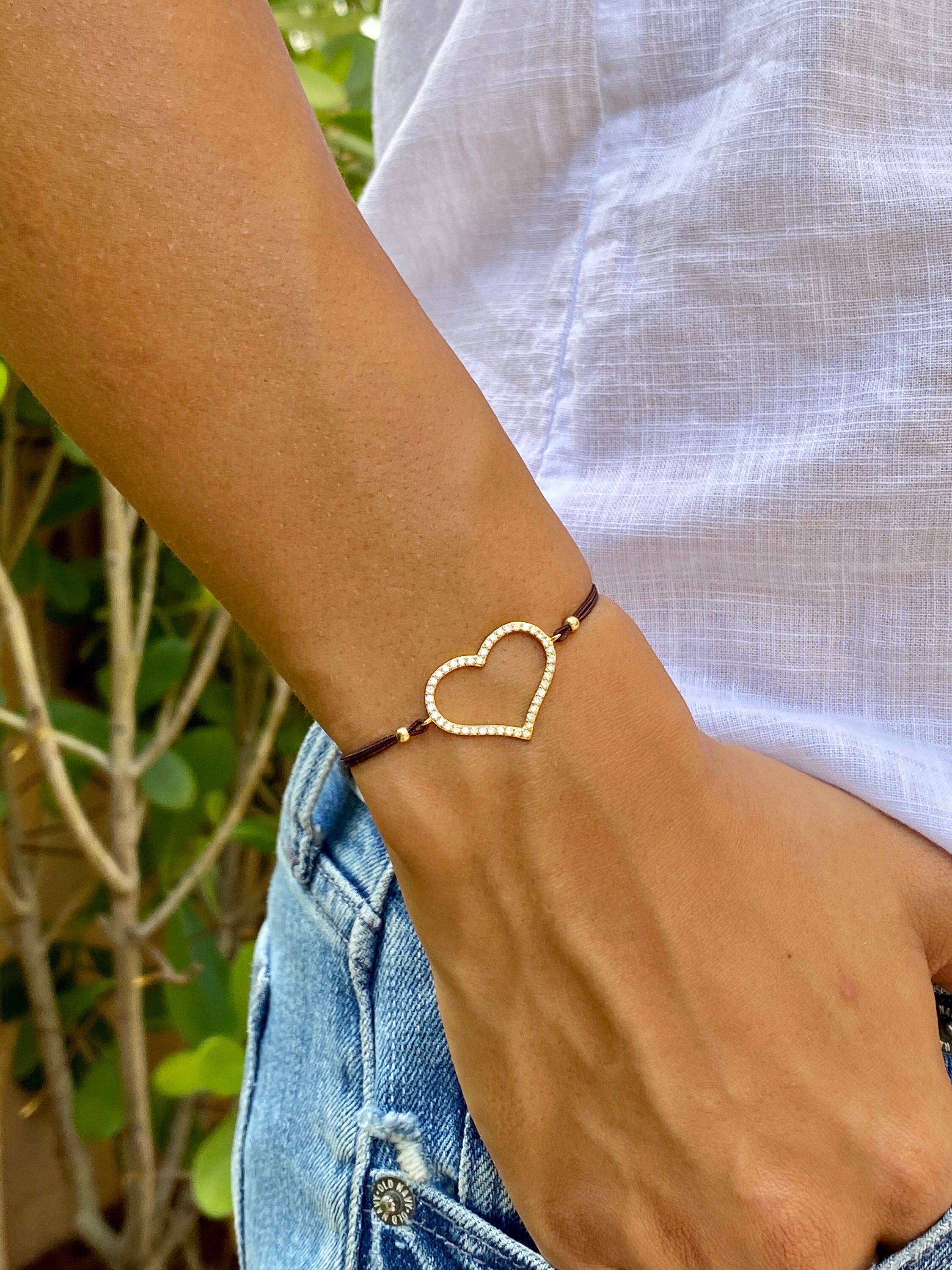 Cz Heart Bracelet. Heart Bracelet. Brown String Bracelet. Gold Etsy