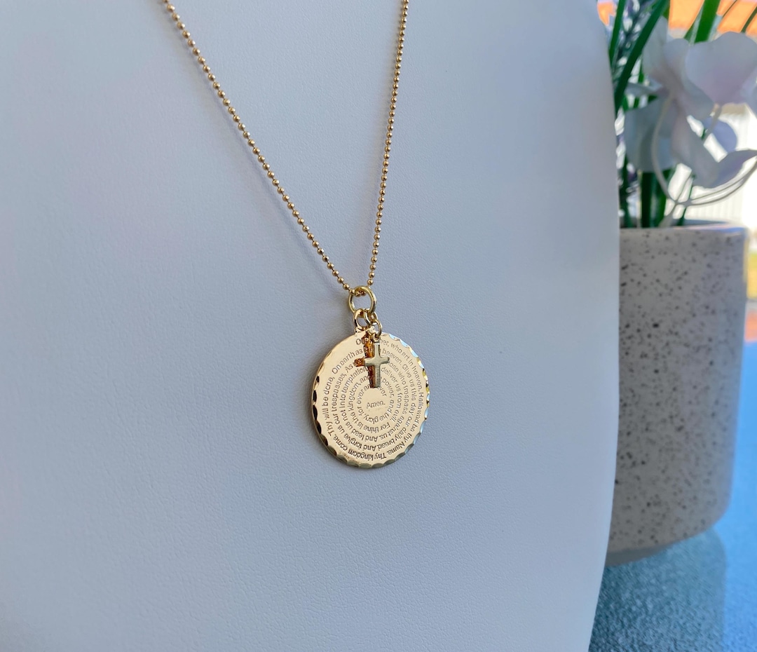 Our Father Prayer Disc Necklace. Tiny Cross. Gold-filled Disc Necklace