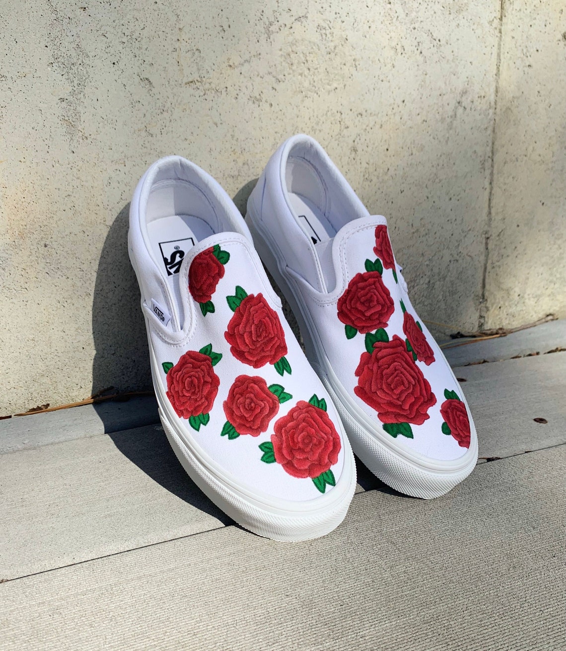 Rose Custom Slip-on Vans Red Roses Flowers Hand-painted - Etsy