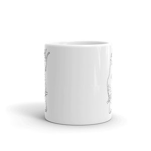 May include: White ceramic coffee mug featuring a black line drawing of a bird. The bird illustration is detailed with visible feathers and a long neck. The mug is cylindrical and has a glossy finish.