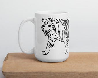Taza de tigre, copa de café tigre, regalo de tigre, taza de gato grande, taza blanca brillante