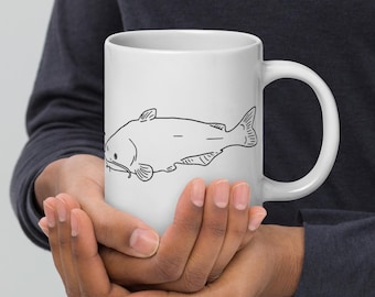 ナマズマグ、コーヒーカップ、白い光沢のあるマグ、魚のマグ、青い