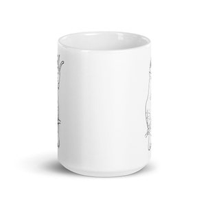 May include: White ceramic mug featuring a black line drawing of a bird. The bird illustration is on both sides of the mug. The mug is cylindrical and has a handle.