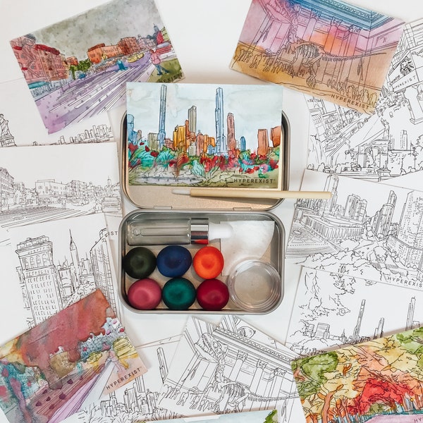 New York NYC Adventure Painting Kit - Piccolo Tin by Hyperexist | HANDCRAFTED Watercolor Set Handmade Travel Paint Palette Art 6- 5g Colors