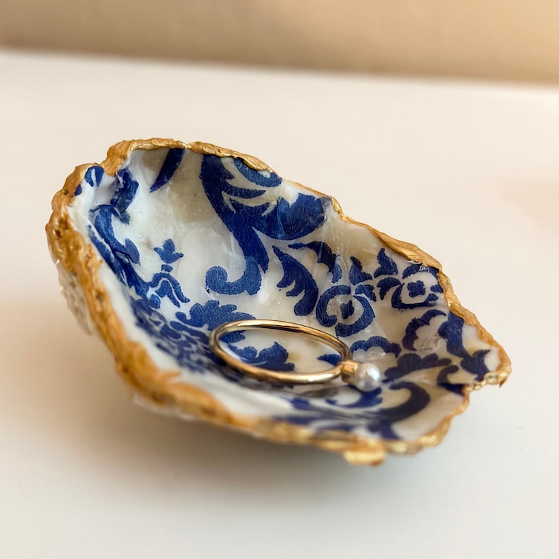 Oyster Shell Ring Dish, Decoupage Chinoiserie Jewelry Holder, Blue White Gold Beach Wedding, Trinket Bowl Coastal Decor, Oyster Shell Decor image 3