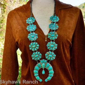 Full Squash Blossom Turquoise Necklace Western Southwestern Cowgirl Jewelry Statement Necklace