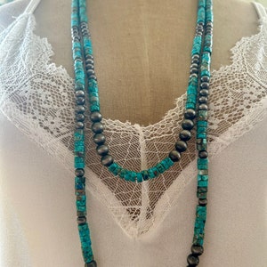 Long 2 Strand Turquoise Necklace, Navajo Style Pearls, Natural Gemstone Necklace
