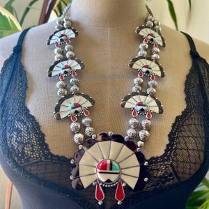 Zuni Style Squash Blossom Necklace "Sunface" Chief Squash Blossom  -  Enameled Mother-of-Pearl, Onyx, Tortoise Shell, Turquoise and Coral