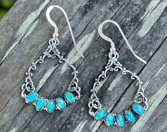 Turquoise Hoop Silver Earrings Vintage Style Earrings Delicate Sterling Silver Scroll Work Earrings Gift for Her
