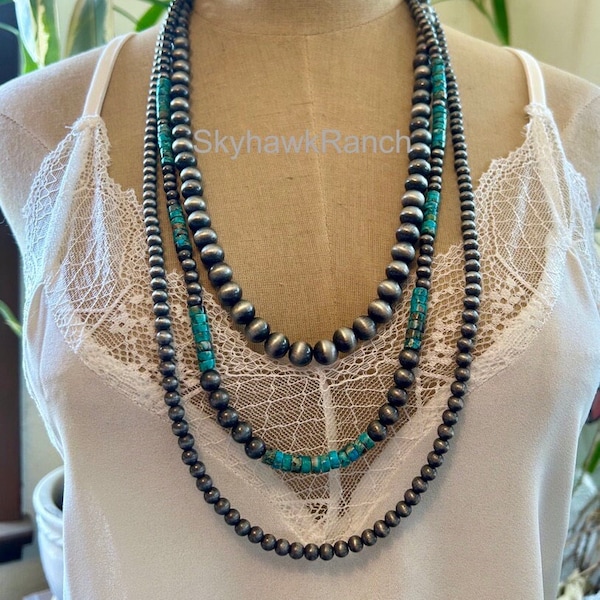 Real Turquoise 3 Strand Necklace Turquoise and Navajo Style Pearls Genuine Turquoise Layered Necklace Turquoise Beaded Necklace