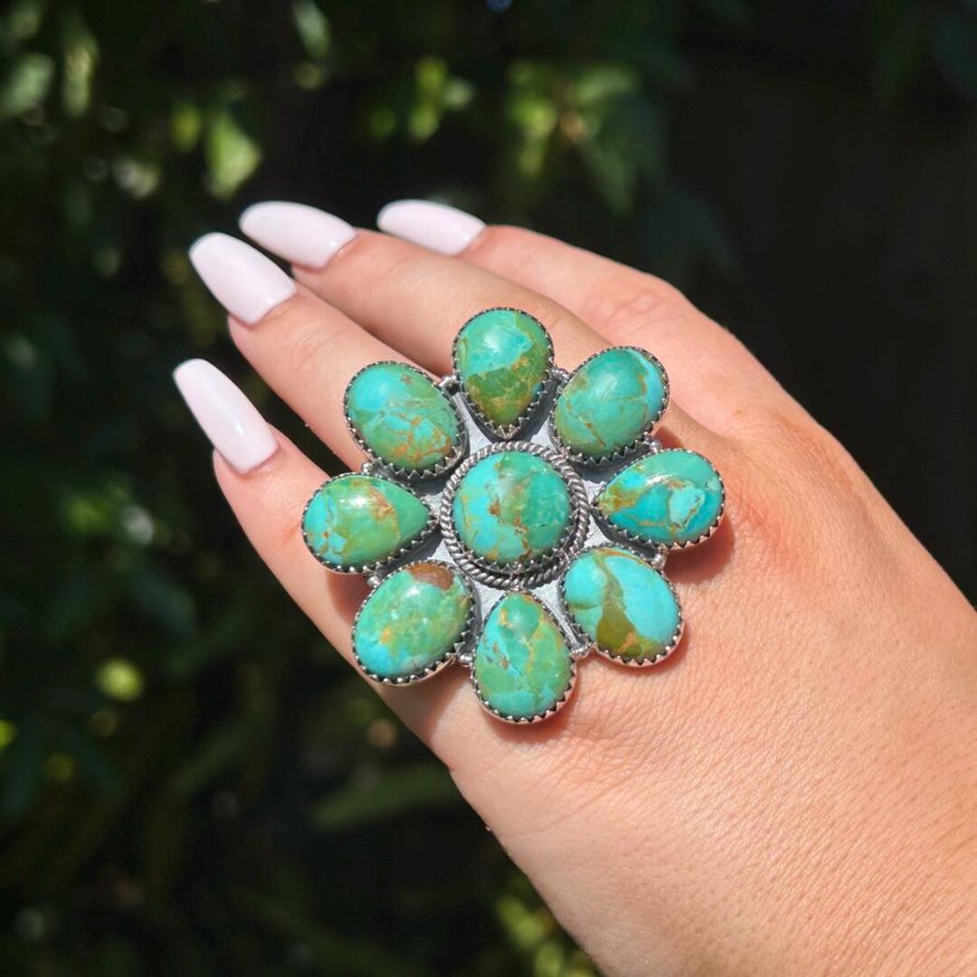 Kingman Turquoise Statement Ring: Adjustable Sterling Silver Flower - Etsy