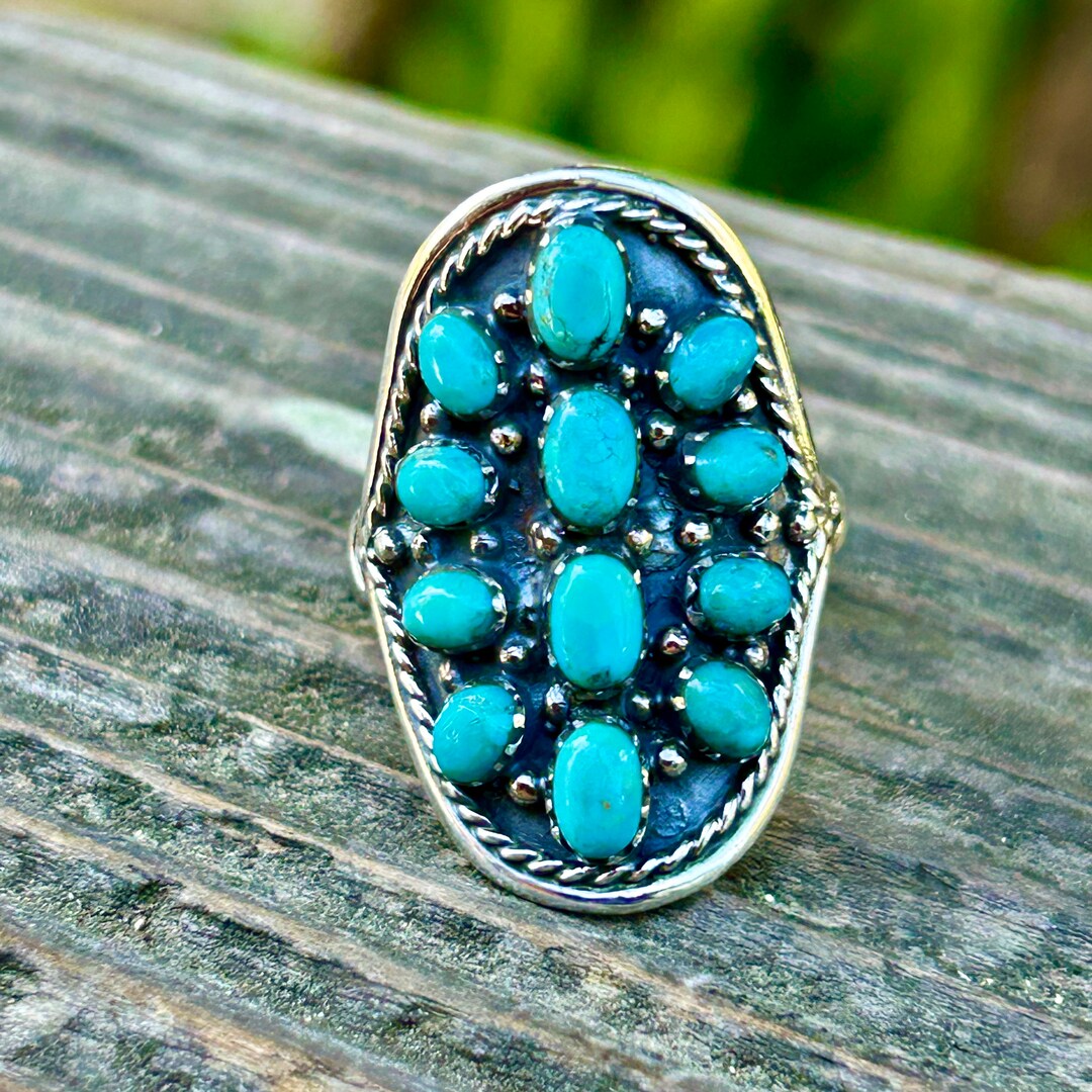 Men's Kingman Turquoise Cluster Ring 925 Sterling Silver Men's ...