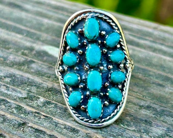 Men's Kingman Turquoise Cluster Ring 925 Sterling Silver Men's Turquoise Ring Masculine Braided Southwestern Style
