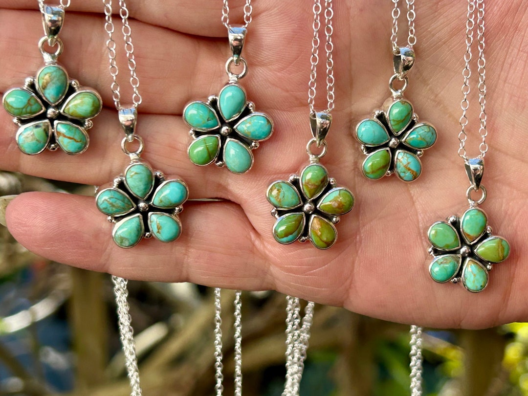 Kingman Turquoise Five Petal Flower Pendant/necklace Sterling Silver