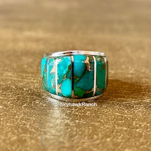 Genuine Turquoise Sterling Silver Ring Turquoise Copper Matrix Statement Ring Unisex