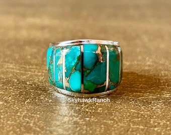 Mens Kingman Turquoise Sterling Silver Ring Masculine Design Western Jewelry Copper Matrix Wide Statement Ring Unisex