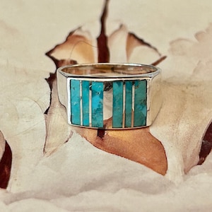 Genuine Turquoise Ring Sterling Silver Turquoise Gemstone Kingman Turquoise Ring Masculine Design Birthday Gift for Dad For Women Too Unisex