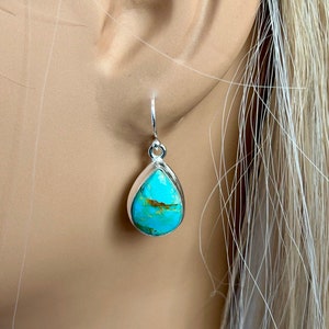 Genuine Kingman Turquoise Earrings Turquoise Dangle Earrings 925 Sterling Silver Teardrop Shape Turquoise Earrings  Gift for Her