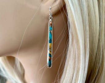 Genuine Spiny Oyster Copper Matrix Earrings Slender Sterling Silver & Genuine Spiny Oyster and Turquoise Gift for Her Daughter Mom GORGEOUS