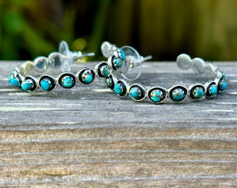 Genuine Turquoise Hoop Earrings, Turquoise with Copper Matrix Hoops, 1 3/4",  Gift for Her, Cowgirl, Southwestern Style
