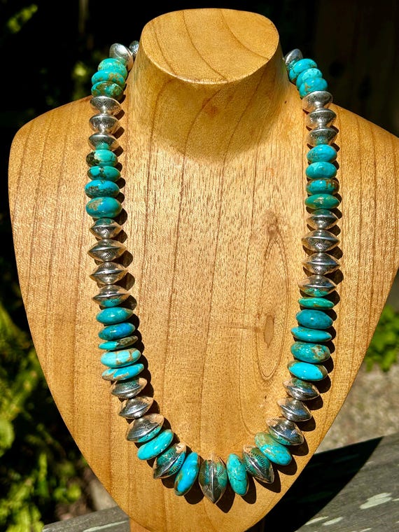 Turquoise & Stamped Sterling Silver Beaded Necklace, Kingman Turquoise,  Handmade, Southwestern