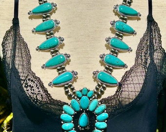Squash Blossom Turquoise Necklace, Southwestern, Western Cowgirl, Boho Western, Vintage Style, Handmade