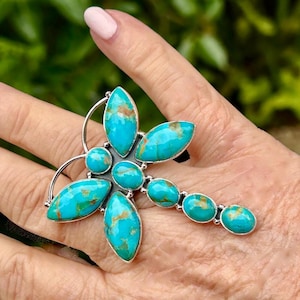 Kingman Turquoise Dragonfly Ring: Artisan Sterling Silver Southwestern Boho Style