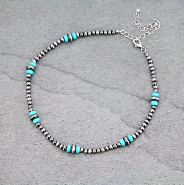 Navajo Style Pearls and Turquoise Choker Necklace