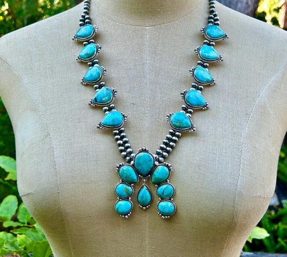 Kingman Turquoise Squash Blossom Necklace | Sterling Silver | Arizona Turquoise | Southwestern Statement Jewelry