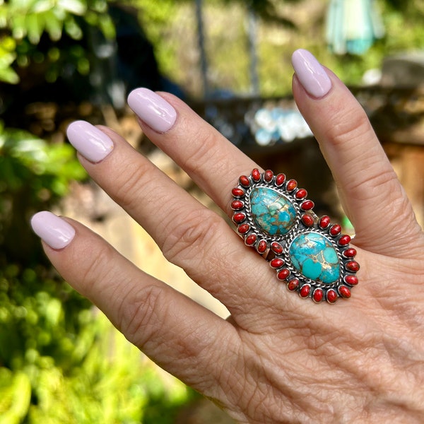 Genuine Turquoise and Coral Ring Southwestern Jewelry Gift for Her Statement Turquoise Ring