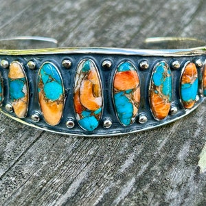 Genuine Turquoise and Spiny Oyster Bracelet Turquoise Copper Matrix Turquoise and Spiny Oyster Cuff