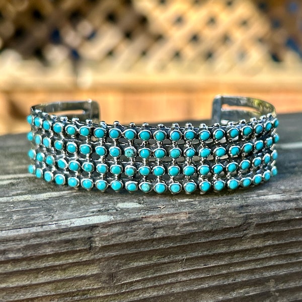 Southwestern Style Petit Point Turquoise Bracelet Cuff, Sterling Silver, Snake Eye Style, 4 Row Turquoise Cuff, Handmade, Boho Western