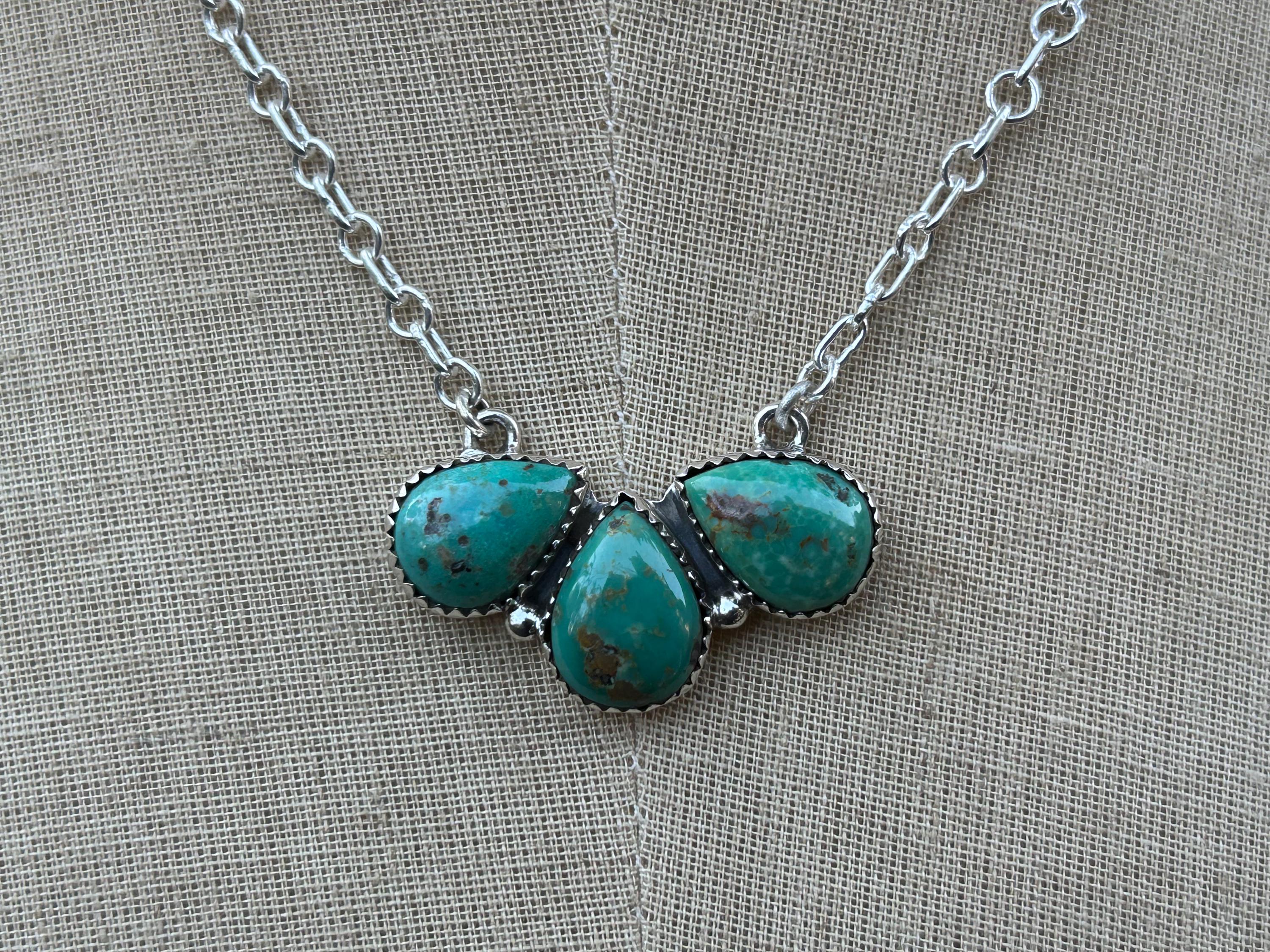 Sterling Silver Kingman Turquoise Pendant Necklace - Teardrop Cluster ...