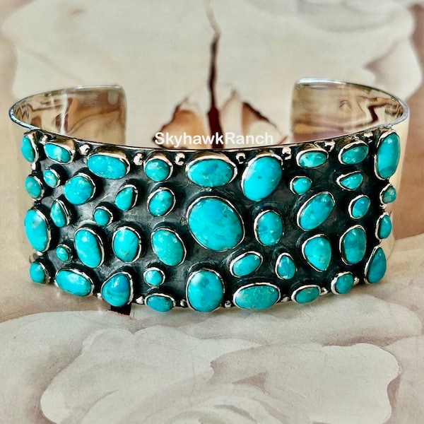 Genuine Kingman Turquoise Cluster Bracelet Turquoise Sterling Silver Bracelet Turquoise Cluster Cuff Southwestern Style