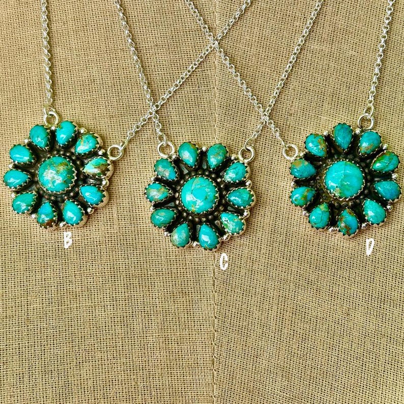 Genuine Turquoise Cluster Necklace With 925 Silver Turquoise Flower