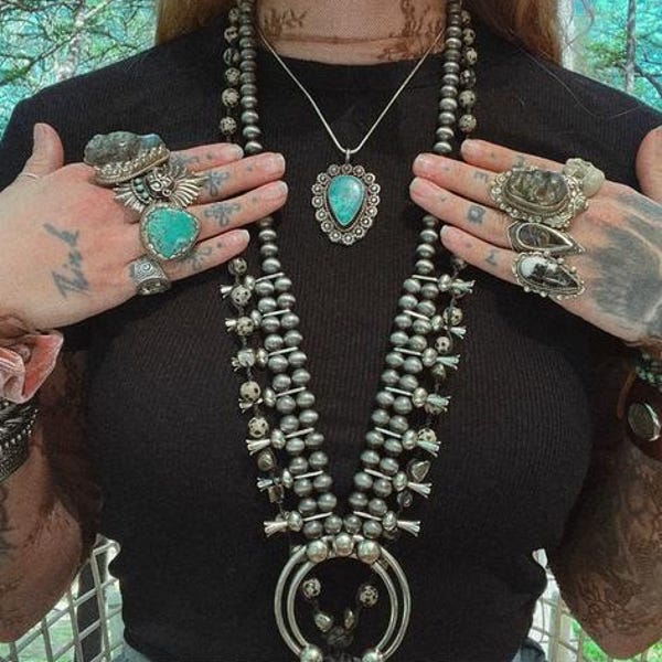 Silver Style Squash Blossom Necklace, Southwestern,  Boho Western For Women