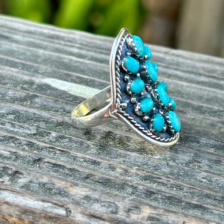 SILVER925 TURQUOISE INDIAN RING/シルバー/リング Genuine Turquoise Cluster Ring 925 Sterling Silver Turquoise