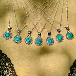 Dainty Copper Turquoise Necklace: Sterling Silver Scrollwork Pendant